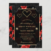 Black & Red Rose Pattern & Gold Diamonds Wedding Kaart (Voorkant / Achterkant)