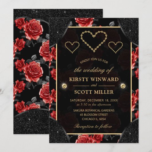 Black & Red Rose Pattern & Gold Diamonds Wedding Kaart (Voorkant / Achterkant)