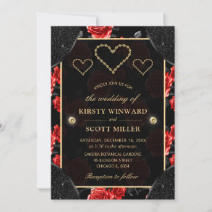Black & Red Rose Pattern & Gold Diamonds Wedding Kaart