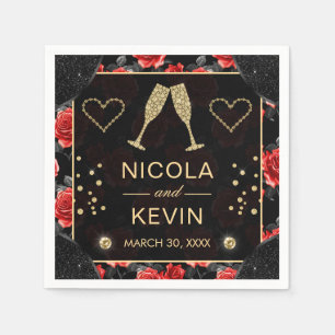 Black & Red Rose Pattern & Gold Diamonds Wedding Servet