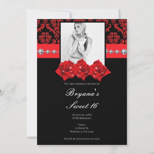 Black Red Roses Damask Sweet 16 Fotouitnodiging Kaart (Voorkant)