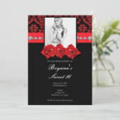 Black Red Roses Damask Sweet 16 Fotouitnodiging Kaart (Staand voorkant)