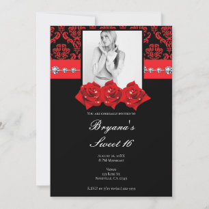 Black Red Roses Damask Sweet 16 Fotouitnodiging Kaart