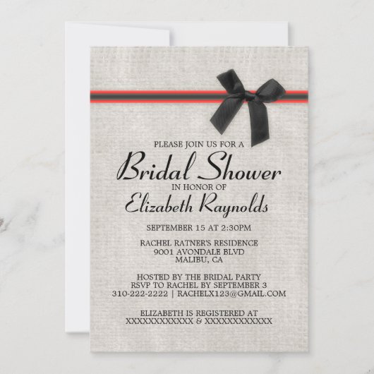 Black Red Rustic Burlap Bridal Shower-uitnodiginge Kaart (Voorkant)