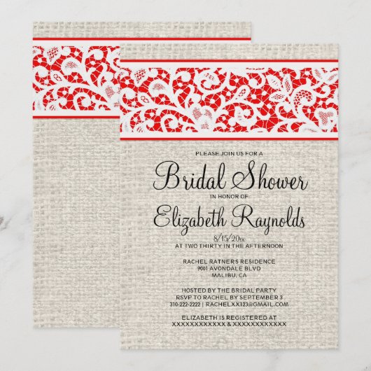 Black Red Rustic Burlap Linen Vrijgezellenfeest In Kaart (Voorkant / Achterkant)