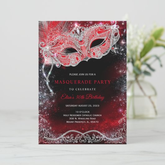 Black Red Silver Masquerade Invitation Kaart (Staand voorkant)