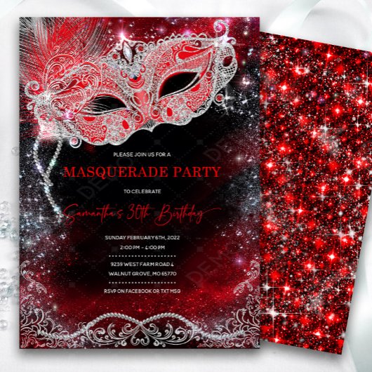 Black Red Silver Masquerade Invitation Kaart