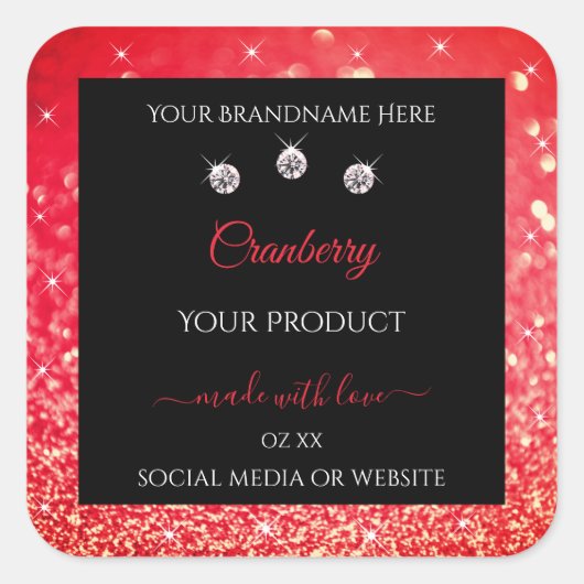 Black Red Sparkle Glitter Product Packaging Labels (Voorkant)