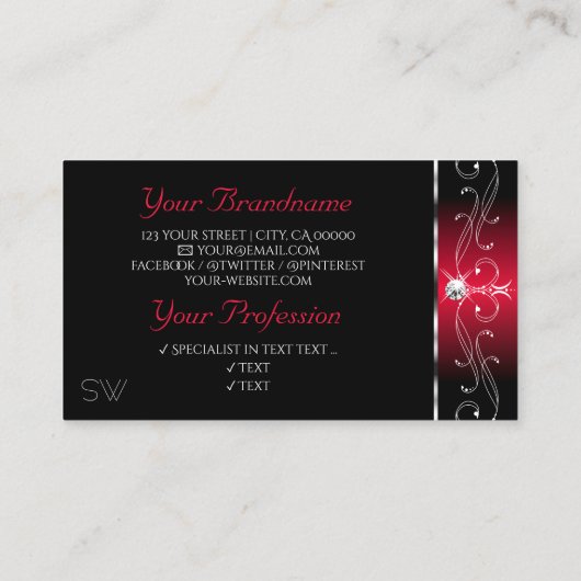 Black Red Squiggles Sparkle Jewels Monogram  Visitekaartje (Achterkant)