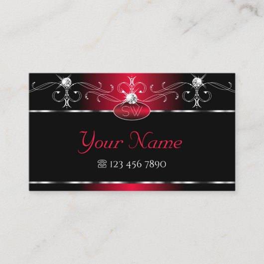 Black Red Squiggles Sparkle Jewels Monogram  Visitekaartje (Voorkant)