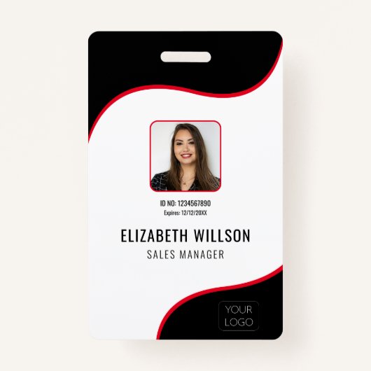 Black Red Wave Business Logo Photo Employee Name Badge (Voorkant)