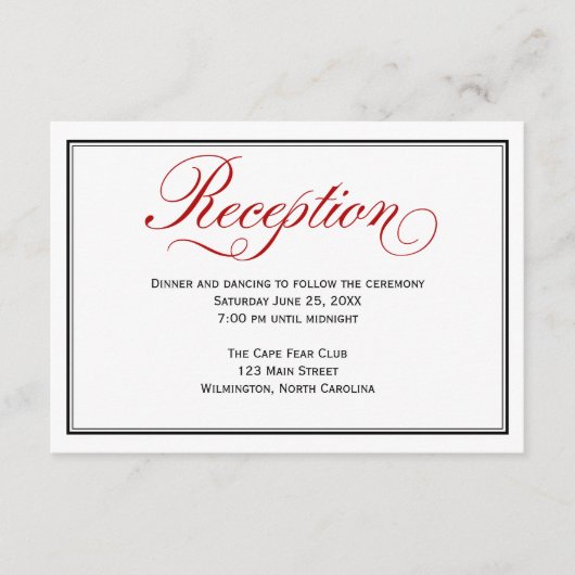 Black Red White Calligraphy Wedding Reception Kaar Informatiekaartje (Voorkant)