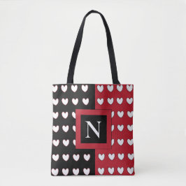 Black Red White Hearts Monogram Initiaal Tote Bag