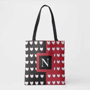 Black Red White Hearts Monogram Initiaal Tote Bag