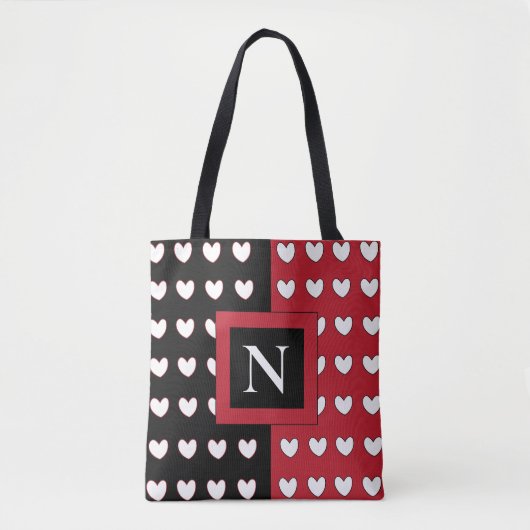 Black Red White Hearts Monogram Initiaal Tote Bag (Voorkant)
