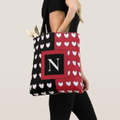 Black Red White Hearts Monogram Initiaal Tote Bag (Dichtbij)