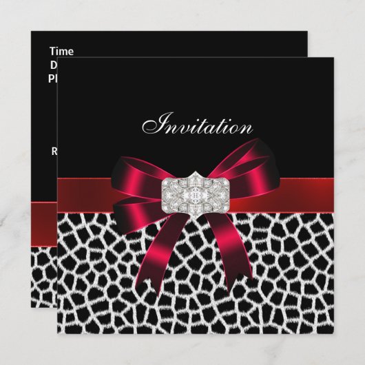 Black Red White Jewel Bow Invitation Animal Print Kaart (Voorkant / Achterkant)