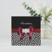 Black Red White Jewel Bow Invitation Animal Print Kaart (Staand voorkant)