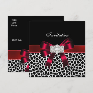 Black Red White Jewel Bow Invitation Animal Print Kaart