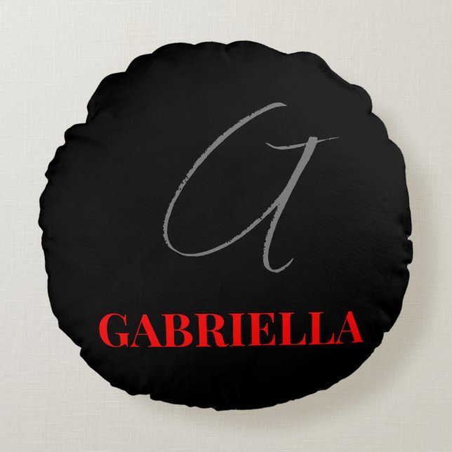 Black Red White Jouw naam Initiaal Monogram Rond Kussen (Voorkant)