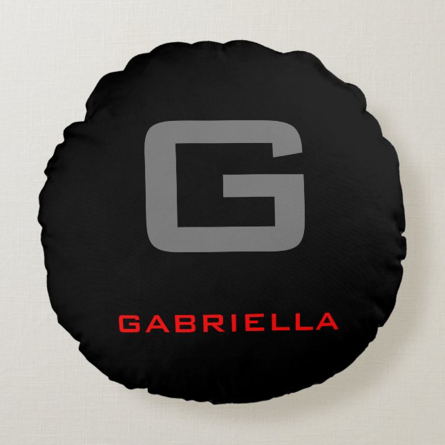 Black Red White Jouw naam Initiaal Monogram Rond Kussen (Voorkant)