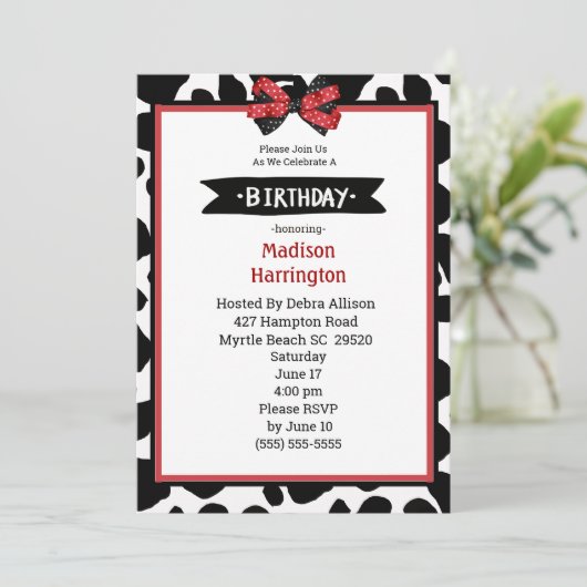 Black Red White Koe Afdrukdag uitnodiging (Staand voorkant)