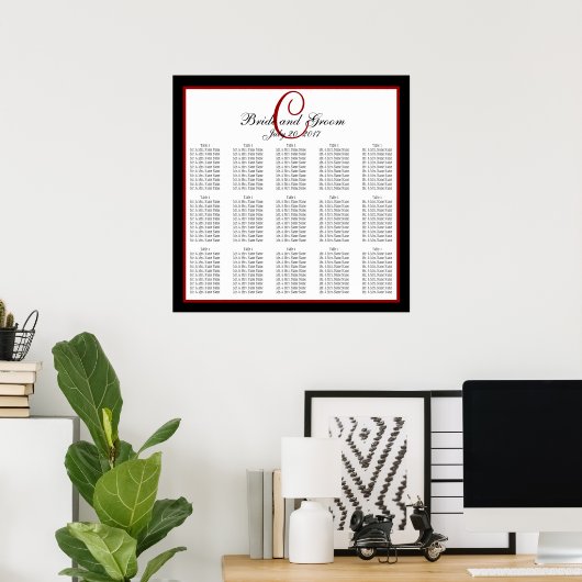 Black Red White Monogram Wedding Seating Chart 150 Poster (Thuiskantoor)
