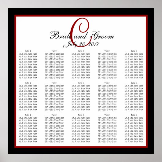 Black Red White Monogram Wedding Seating Chart 150 Poster (Voorkant)