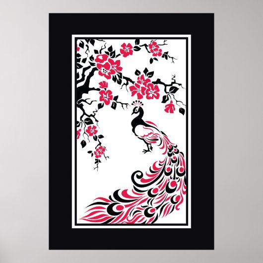 Black, red, white peacock and cherry blossoms poster (Voorkant)