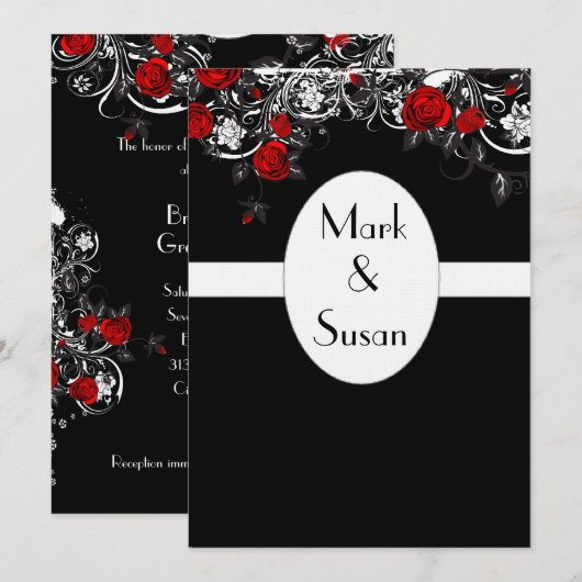 Black Red White Rose Wedding Invitation Kaart (Voorkant / Achterkant)