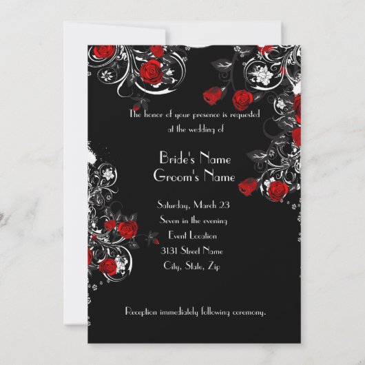 Black Red White Rose Wedding Invitation Kaart (Achterkant)