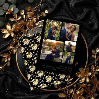 Black Refined Minimalist 5-Photo Collage Wedding Save The Date