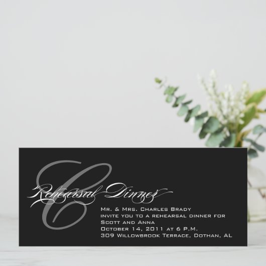 Black Rehearal Dinner Invitation Monogram C Kaart (Staand voorkant)