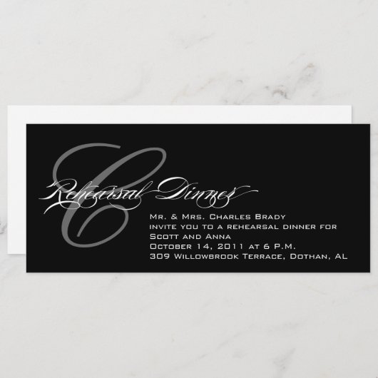 Black Rehearal Dinner Invitation Monogram C Kaart (Voorkant / Achterkant)