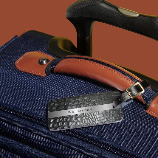 Black Reptile Digital Leather Silver Metal Bagagelabel