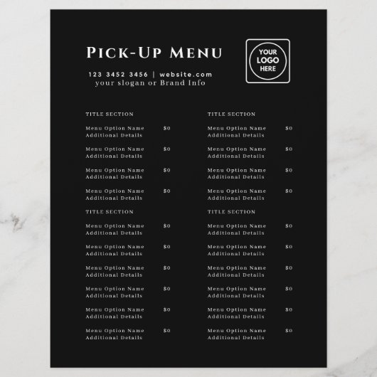 Black Restaurant Afhaalmenu Flyer | Aangepaste Log (Voorkant)