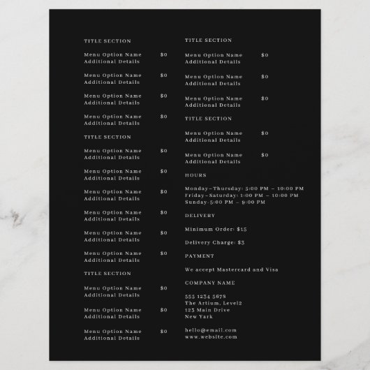 Black Restaurant Afhaalmenu Flyer | Aangepaste Log (Achterkant)