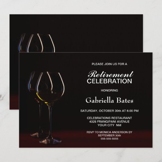 Black Retirement Wine Glass Party Kaart (Voorkant / Achterkant)