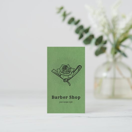 Black  Retro Barber Shop Roos Blade Visitekaartje (Staand voorkant)