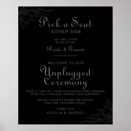 Black Retro Boho Leaf Wedding Unplugged Ceremonie Poster (Voorkant)