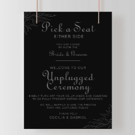Black Retro Boho Leaf Wedding Unplugged Ceremonie Poster