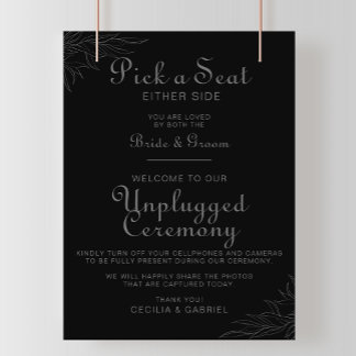 Black Retro Boho Leaf Wedding Unplugged Ceremonie Poster