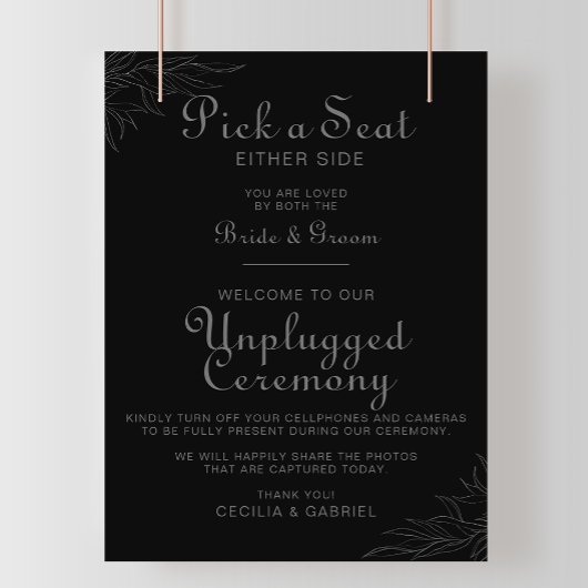 Black Retro Boho Leaf Wedding Unplugged Ceremonie Poster
