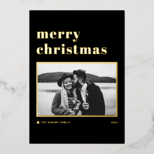 Black Retro Bold Typografie Merry Kerstfoto Folie Feestdagenkaart