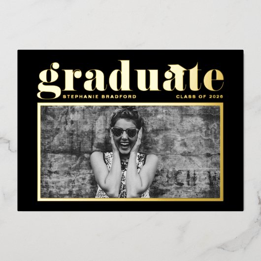 Black Retro Bold Typography Photo Afstuderen Folie Uitnodiging (Voorkant)