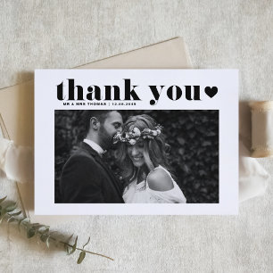 Black Retro Bold Typography Photo Wedding Bedankkaart