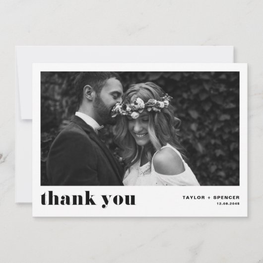 Black Retro Bold Typography Photo Wedding Bedankkaart (Voorkant)