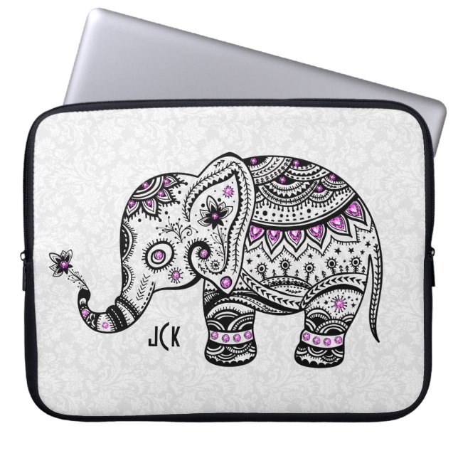 Black Retro Flowers & Elephant Pink Diamonds Laptop Sleeve (Voorkant)