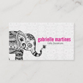 Black Retro Flowers & Elephant White Diamonds Visitekaartje