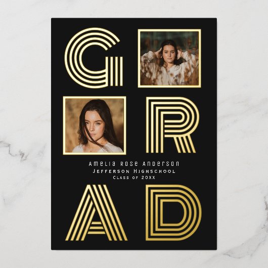 Black Retro Folie Afstuderen Fotoaankondiging Folie Uitnodiging (Voorkant)